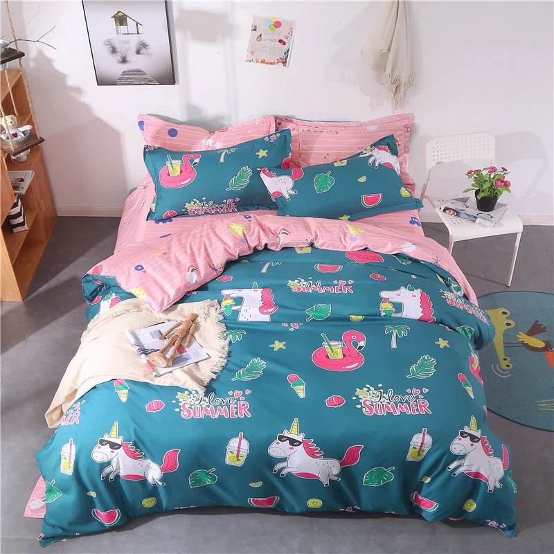 

Stylish 3/4pcs Cute Unicorn and Flamingo Bedding Sets Tropical Leave Duvet Cover Bed Sheet Pillowcase New Year Gift for Girl Kid