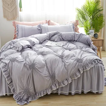 

IvaRose 4 Pcs Heart Pinch Pleated Duvet Cover,100% Tencel Ultra soft Duvet Cover Ruffle Korean Bedding set Bed skirt for Girls