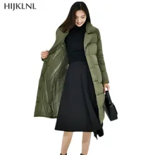 HIJKLNL, женский пуховик, новинка, Модный зимний свободный пуховик средней длины с карманами на утином пуху, женская верхняя одежда, пальто LH1256