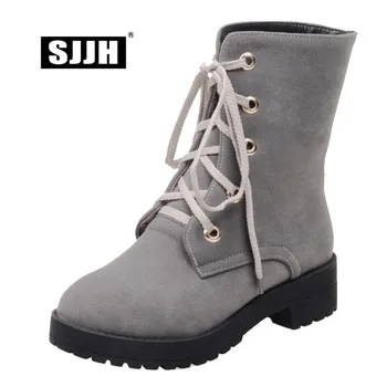 

SJJH Woman Martin Boots with Round Toe Flat Heel Lace-up Plush Ankle Boots Comfort Footwear Casual Fashion Shoes Large Size Q047