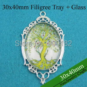 

30x40mm Shiny Silver Filigree Pendant Setting Tray + 30x40mm Glass Cabochon 200 Sets (200 Trays + 200 Glass)