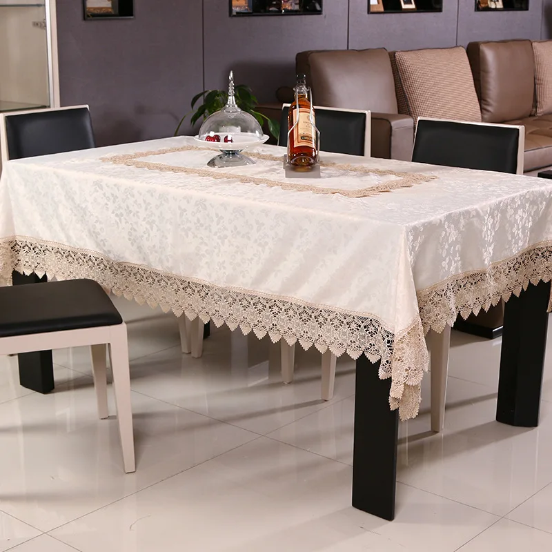 

Damask Tablecloth Water Soluble Lace Hem Pure European Style Cover Washable Table Cloth for Tea Table
