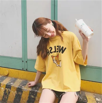 

2018 Summer Oversized O Neck Tshirt Cartoon Letters Tees Student's Casual harajuku Female Loose Tee Young Tops Team Long Tees