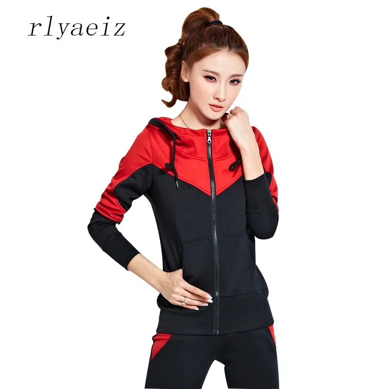 

RLYAEIZ High Quality 2 Piece Set Women Sporting Suits 2017 Spring Casual Patchwork Color Hooded Hoodies + Pants Autumn Tracksuit