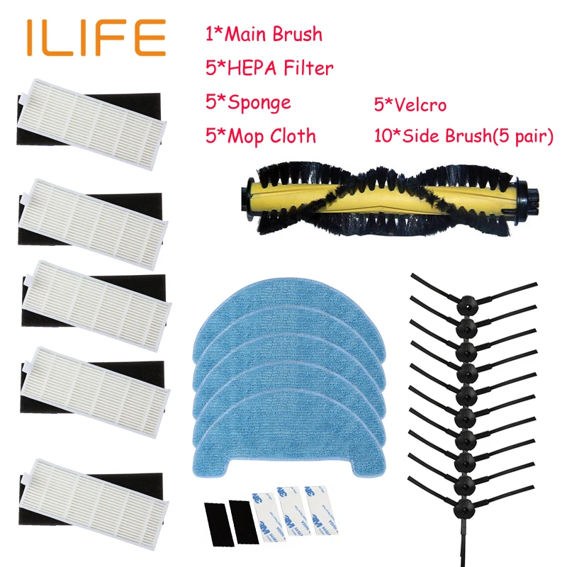 1*Main Brush+5*Filter+5*Sponge+10*Side Brush+5*Mop Cloth+5*magic paste