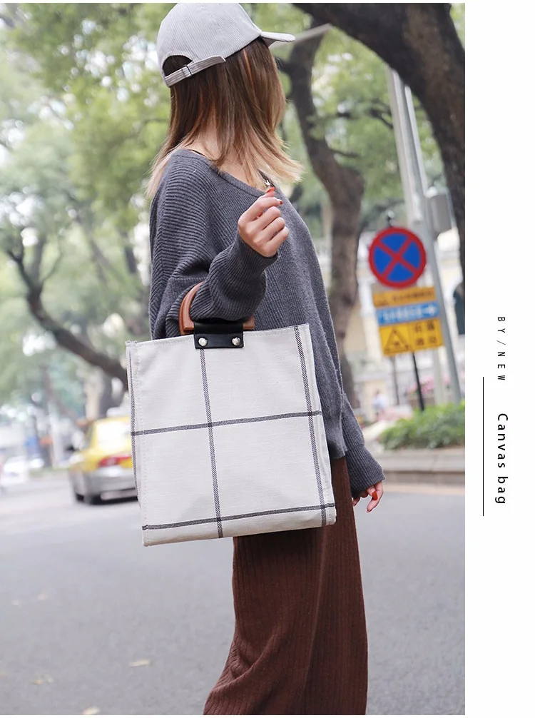 MJ Women Plaid Canvas Tote Casual Beach Bags Big Capacity Women Shopping Bag Daily Use Canvas Handbag Cotton Linen Shoulder Bag (14)