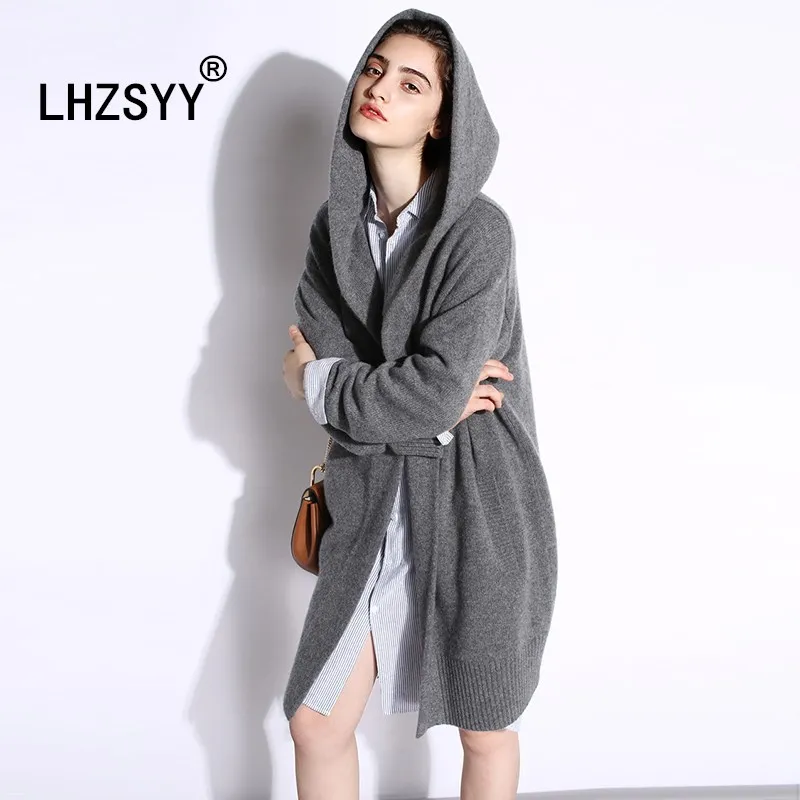 

LHZSYY Autumn Winter New Loose Hooded collar Cashmere Cardigan Coat high quality Women Wool Jacket soft Long vogue Thick Sweater
