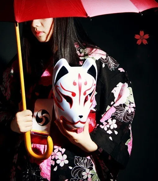 Ручная роспись полное лицо японская лиса маска демон костюм кицунэ ПВХ Маскарад Хэллоуин Мультфильм персонаж маска красный синий