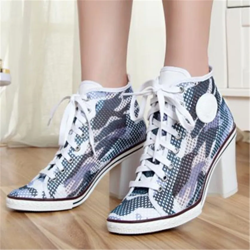 Breathable Women Summer Thick High Heels Lace Up Round Toe Fashion Casual Shoes Women Pumps Ankle
