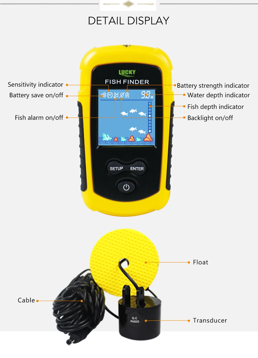 Lucky Fishfinder Alarm 100M Portable Sonar LCD Fish Finders Fishing lure Echo Sounder Wired Fishing Finder FFC1108-1 9