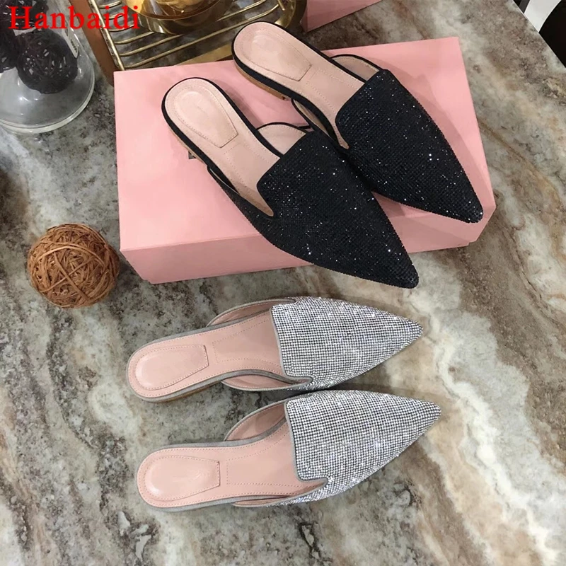 

Hanbaidi Luxury Rhinestone Spring/Summer Slippers Runway Slip On Pointed Toe Causal Shoes Fashion Flats Lady Retro Muller Shoes