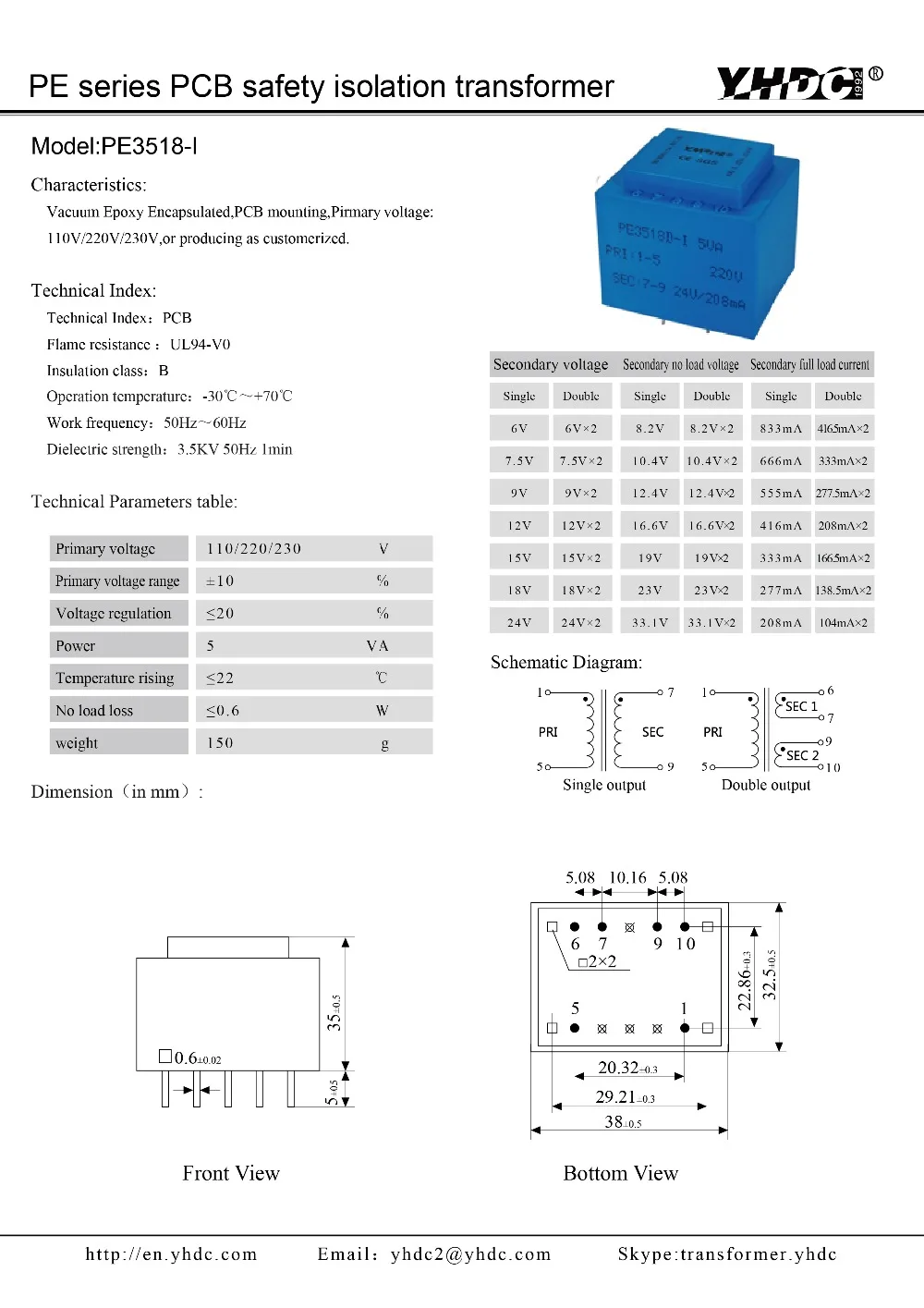 YHDC PE3518-I мощность 5VA 230 V/12 V герметизированный трансформатор для PCB монтируемый изоляционный трансформатор