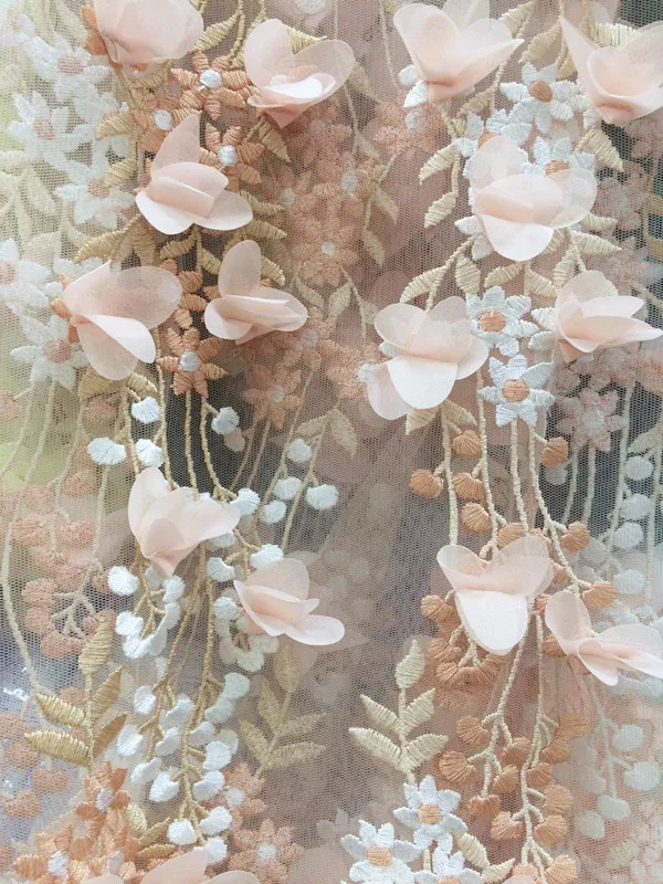 

5 yards pink laec fabric with 3D Rosette chiffon flowers, embroidered lace fabric Photography Prop Backdrop