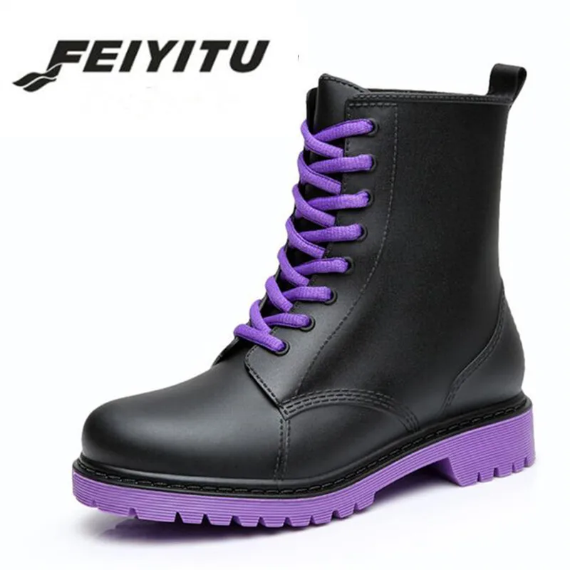 

feiyitu Fashion 2018 Women Rain Boots Rubber Lace Up Women Ankle Boots Waterproof Casual Comfort Ladies Martin Boots Shoes