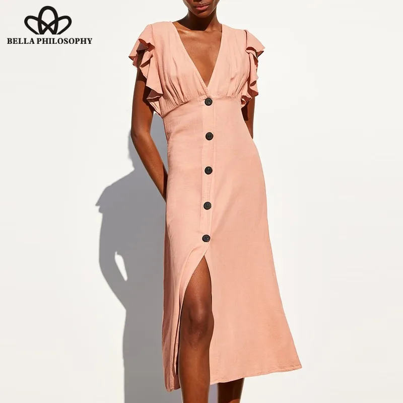 

Summer Butterfly Sleeve Midi Dress Vintage Single Breasted Female Sexy Split Dress Casual V-Neck Lady Boho Dress 2019 NEW Wonder