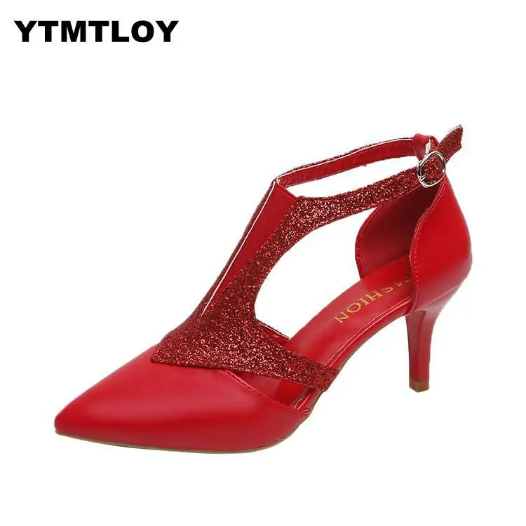 Г., летние туфли женские туфли-лодочки Туфли-гладиаторы на высоком тонком каблуке с острым носком, стразы пикантные вечерние туфли золотистого цвета для выпускного - Цвет: Red