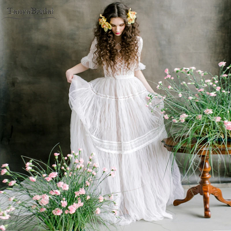 

Dramatic Fairy Wedding Dresses Exquisite Bohemian Beach Bridal Gowns Half Sleeve See Though Spain Vestido De Noivas DW103