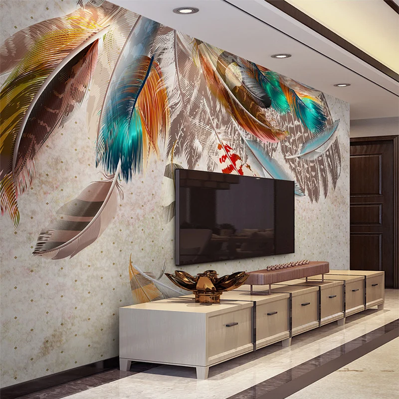 

European Style 3D Colorful Feather Mural Wall Paper Modern Creative Art Wall Cloth Living Room TV Sofa Background Wall Coverings