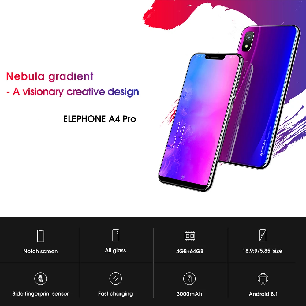 Мобильный телефон ELEPHONE A4 Pro, 4 ГБ, 64 ГБ, 3000 мА/ч, экран с зазубриной, 5,85 '', 4G, MT6763, Восьмиядерный, Android 8,1, камера 16 Мп+ 8 Мп, отпечаток пальца