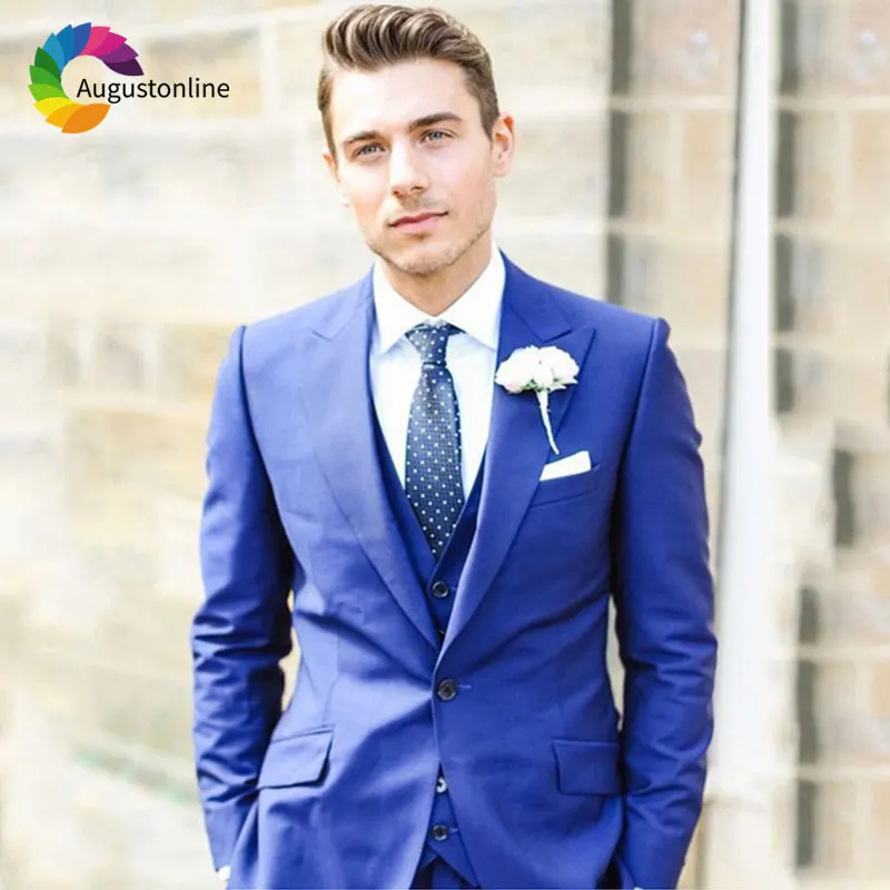 

Royal Blue Men Suits for Wedding Custom Made Best Man Blazers Jacket 3Piece Pants Vest Slim Fit Groom Tuxedos Wide Peaked Lapel