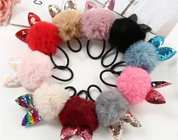 

DHL 500pcs Rabbit Fur Ball Elastic Hair Band Cute Girls Children Cat EAR POMPOM Hair Rope