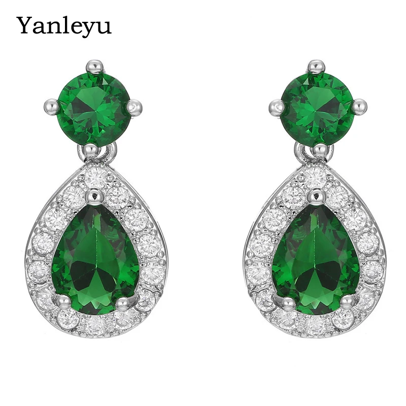 

Yanleyu Luxury Green Gem Stone Bridal Wedding Jewelry 100% 925 Sterling Silver Cubic Zircon Water Drop Earrings for Women PE013