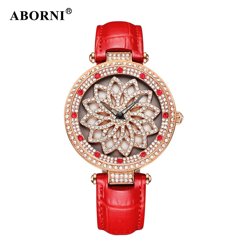 

2018 ABORNI Lucky Flower Women Watches Lady Shining 360 Rotation Dress Watch Women's Big Diamond Wristwatch Girl Clock For Gift