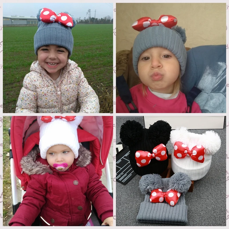 

Knitted Warm Beanie Winter Spring Cute Dot Big Bowknot Kids Hat Girls Cartoon Double Pompom Cap Hat