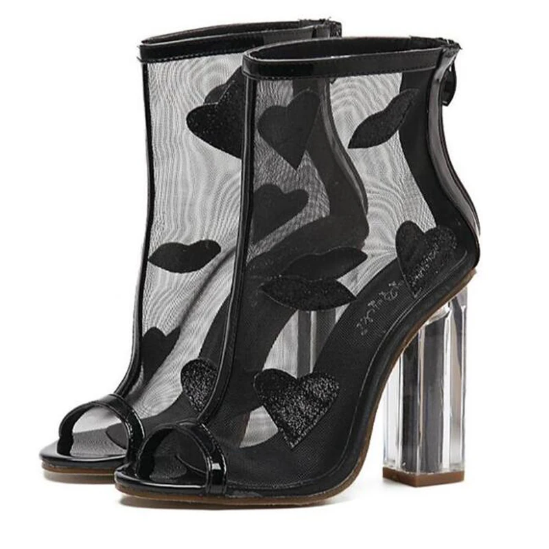 

2017 New Sexy Transparent Mesh Female Sandals Open Toes High Heels Roman Style Heart Shaped Decoration Crystal Heel Shoes Women