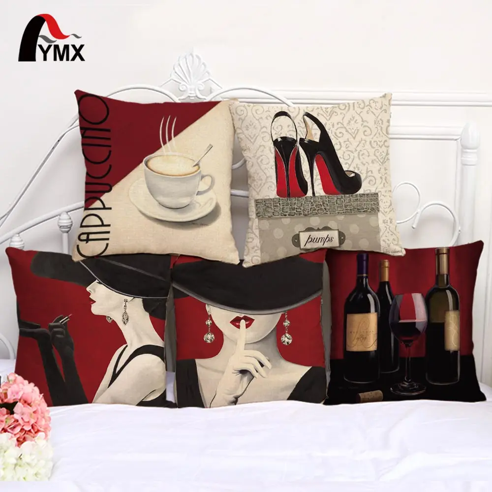 

18" Romantic Red Wine Cotton and Linen Square Printed Decoration Cushion Cover Pillowcase Elegant Woman Car Pillowcase Wholesale