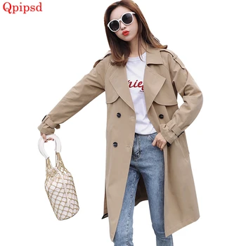 

Female Long Trench Coats 2019 Spring New Double-breasted Windbreakers Womens Casual Loose Overcoat Womens Candy Colors Coat Belt