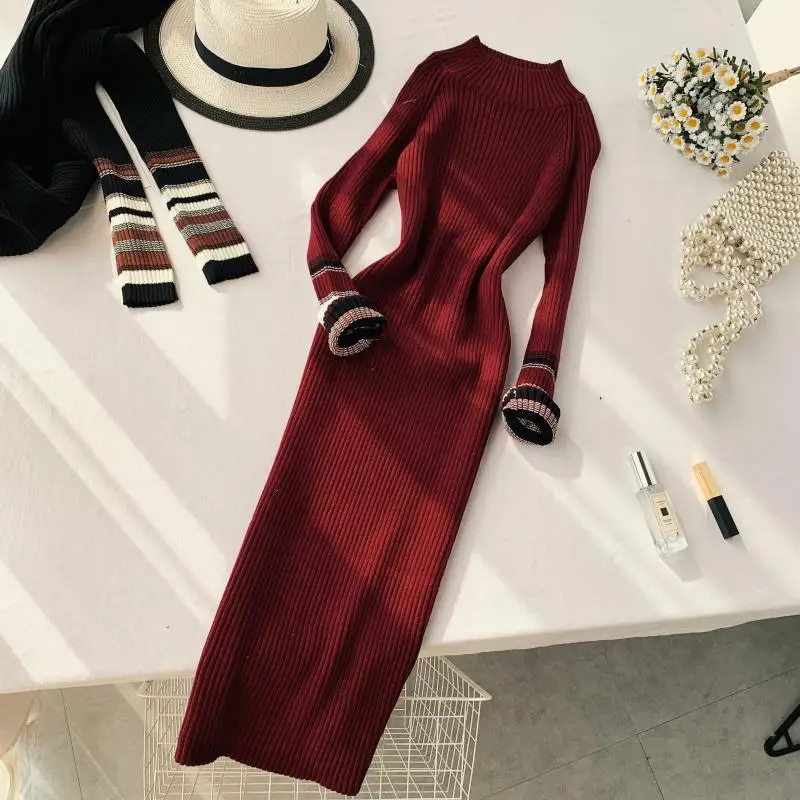 

2019 autumn winter new women's half high collar knitted dress female long sleeves waist sheath sweater dresses