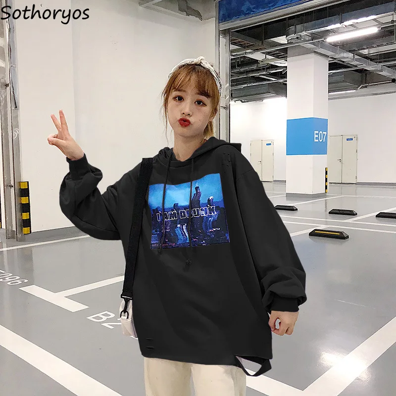

Hoodies Women Cartoon Printed Loose Chic Harajuku Hip Hop Hooded All-match Simple Student Pullovers Trendy Womens BF Sweatshirts