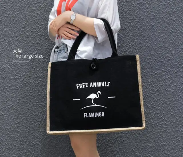 Летняя женская сумка с изображением фламинго, совы, джутовая хлопковая Роскошная большая Вместительная женская Повседневная сумка на плечо, пляжная сумка для покупок для женщин - Цвет: Flamingo big
