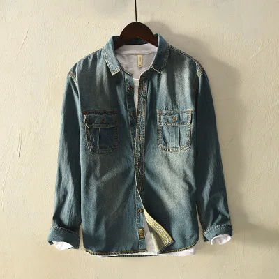 Весенне-осенняя мужская модная брендовая приталенная джинсовая рубашка в японском стиле с длинным рукавом, мужская повседневная рубашка с карманами - Цвет: light blue
