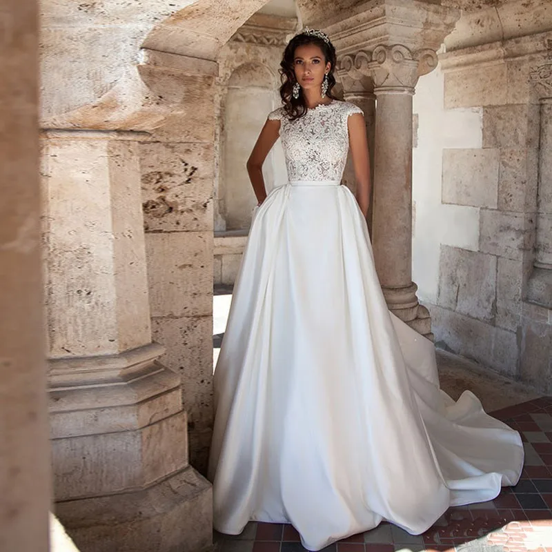 Кружева Атласная Элегантные Свадебные Платья See Through Bodice Часовня Поезд novia Casamento