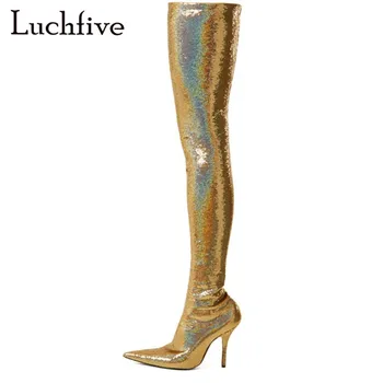 

Sequins Cloth Thin High Heels Long Boots Women Sexy Pointy Toe Gold Bling Over The Knee Boots Fashion Autumn Shining Botas Mujer