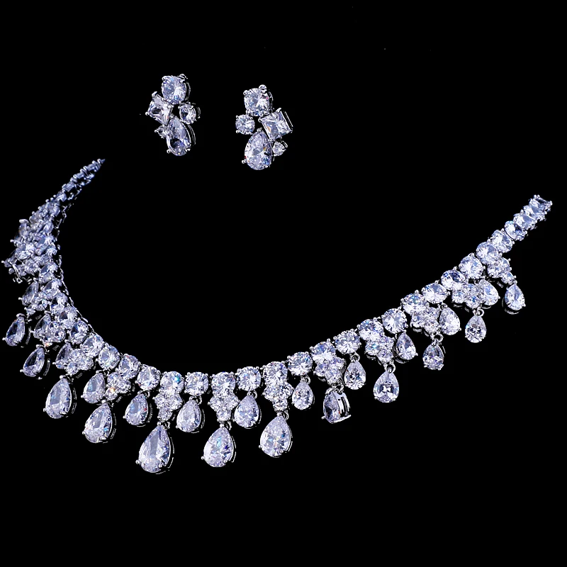 Emmaya Zircons High Quality White Gold Color Cubic Zirconia Bridal Wedding Necklace And Earring Sets Party Gift
