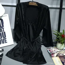 Брендовый сексуальный женский халат и платье наборы комбинезон для ванной+ Мини Ночное платье из двух частей пижамы Женский комплект сна из искусственного шелка