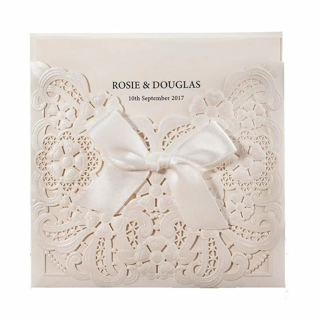  White Laser Cut Wedding Invitations Ribbon Wedding Cards Birthday Card Matched with RSVP & Thank Yo - 32989080991