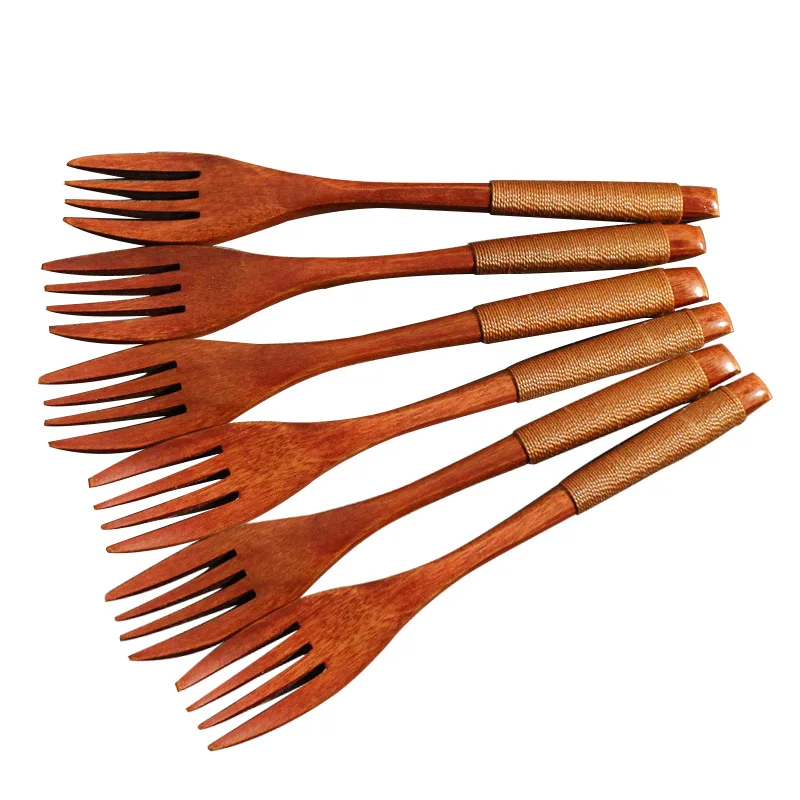 

6Pcs Natural Wooden Forks Eco-friendly Reusable Sets Four Teeth Fork With Winding Kitchen Accessories Dining Japan Tableware