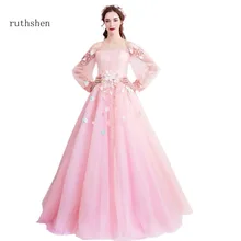 Ruthshen принцессы Розовые платья для выпускного вечера с Длинные рукава Для женщин Формальные Вечерние платья с вырезом лодочкой для девочек Vestido Robe De Soiree