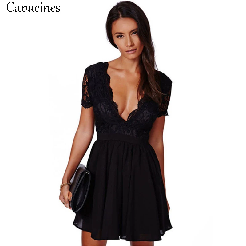 Capucines Sexy Black Deep V Neck Lace Patchwork font b Summer b font font b Dress