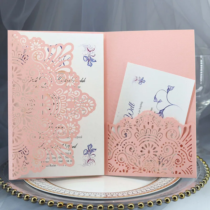 100 шт Европейская лазерная резка, для свадьбы Пригласительные открытки Роза элегантные три раза кружева бизнес поздравительные открытки Свадебные украшения - Цвет: Pink Cover Inner