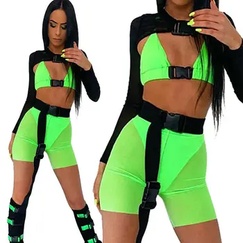 

Women 2 Piece Sets Sexy Buckle Bralette Tank Top Shorts Fashion 2019 Summer Ladies Neon Green Bandage Cropped Top Set Beach Wear