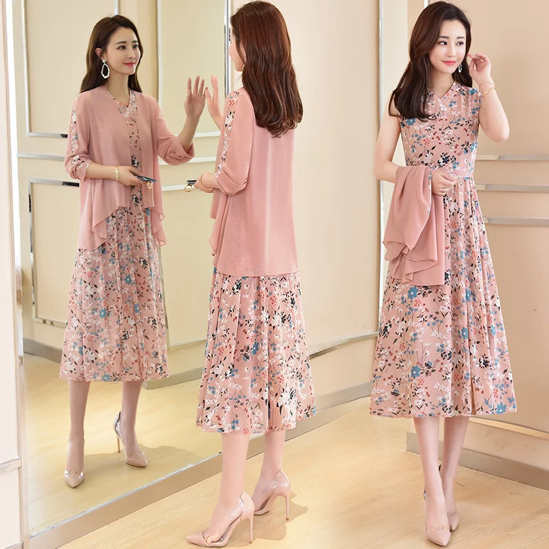 

New Arrival Spring Fashion Flroal Dress with Cardigan Chiffon 2 Piece Set Women Two Piece Dress Women Elegant Suit Set