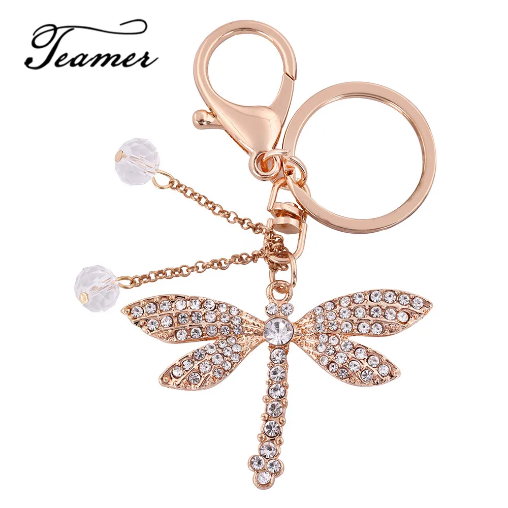 Teamer dangle keychain shining crystal dragonfly with point drill