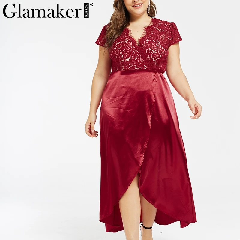 Женское свободное платье макси Glamaker красное Повседневное с глубоким v-образным