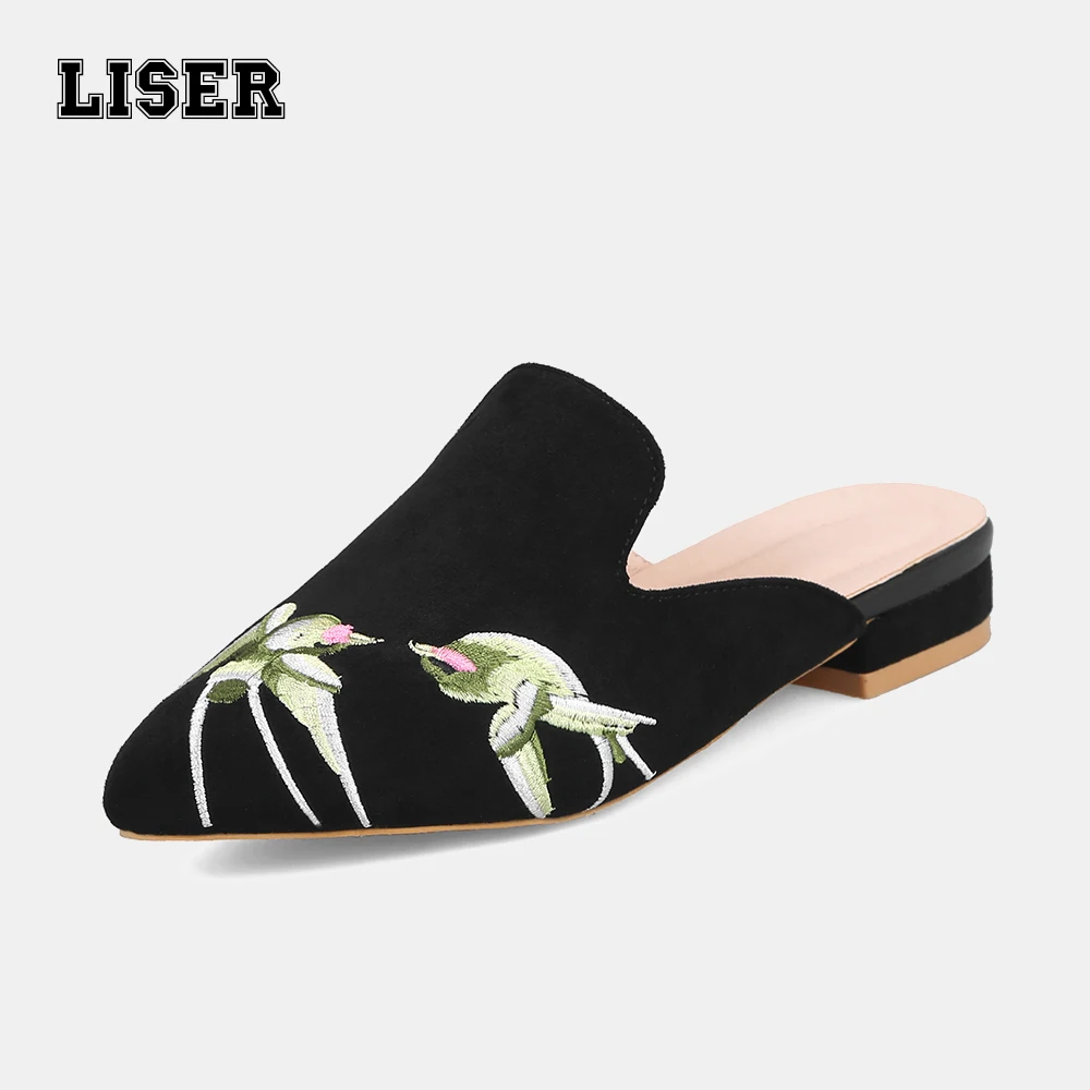 

2019 fashion mules pointed cover toe slippers birds embroidery block heel ladies designer casual suede shoes woman outdoor party