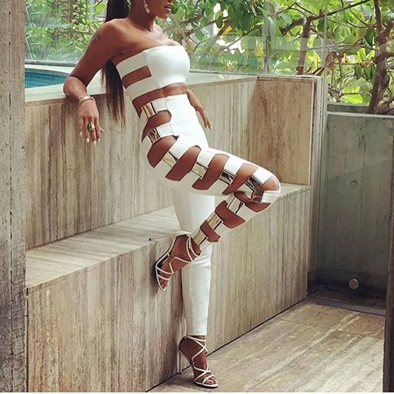 

2019 Women Summer Two Piece Sets Bodycon Bandage Jumpsuit Strapless Off Shoulder Both Side Hollow Out Celebrity Party Jumpsuit
